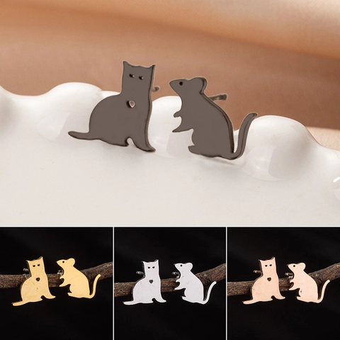 Orecchini Asimmetrici Gatto Topo Acciaio Inossidabile Minimalista Silhouette Animale Cuore Gioielli Per Donne