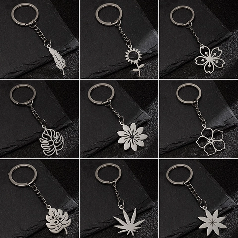 Porte-clés En Acier Inoxydable Pendentif Plante Nature Fleur Feuille Anneau De Clé Accessoire En Métal Argenté