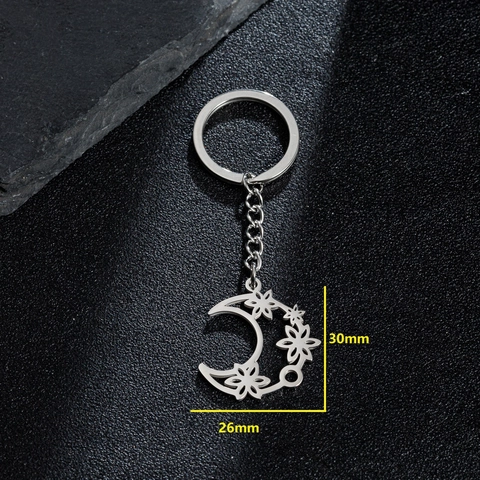 Portachiavi In Acciaio Inossidabile Con Luna Crescente Traforata E Fiori Accessorio Borsa Moda Gioiello Regalo Donna