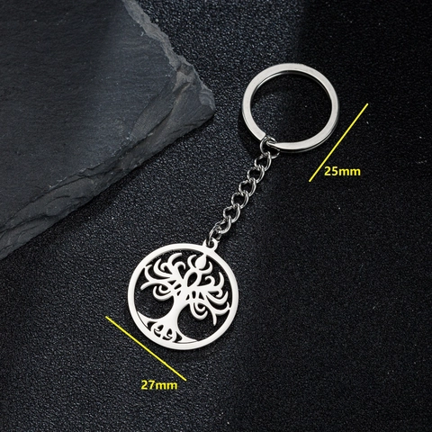 Stainless Steel Tree Of Life Keychain Round Hollow Geometric Pendant Car Bag Key Ring Ornament Gift For Men Women