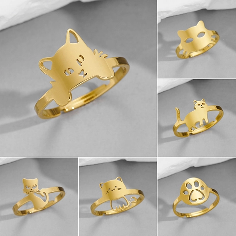 Minimalistische Süße Katzenpfote Tier Ausgehöhlt Offen Verstellbare Ringe Edelstahl Trendiger Schmuck Für Frauen