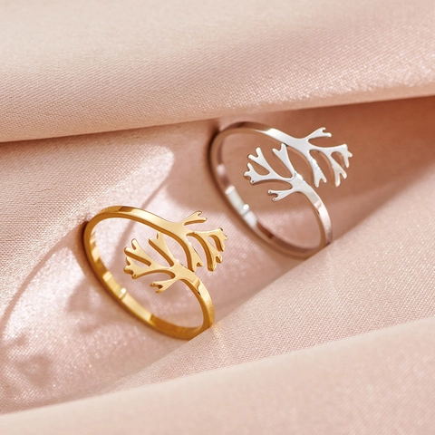 Irregular Branch Opening Ring For Women Stainless Steel Coral Tree Leaf Shape Retro Minimalist Adjustable Finger Jewelry