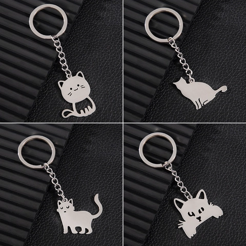 Simpatico Portachiavi Gatto Cartone Animato Acciaio Inossidabile Argento Anello Portachiavi Pendente Silhouette Animale