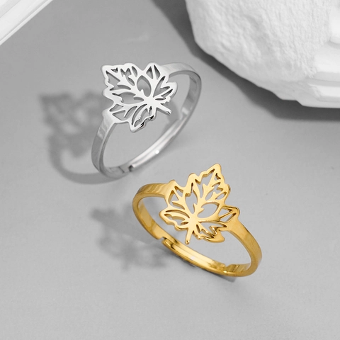 Maple Leaf Hollow Stainless Steel Open Adjustable Ring Sweet Fashion Jewelry For Women