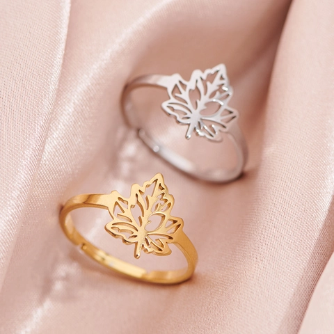 Maple Leaf Hollow Stainless Steel Open Adjustable Ring Sweet Fashion Jewelry For Women