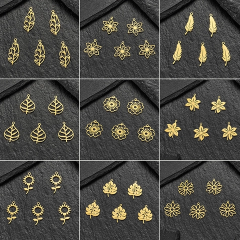 Dijes De Acero Inoxidable Flor Hoja Pluma Colgantes Para DIY Collar Pendiente Joyería Accesorios Metal Chapado En Oro