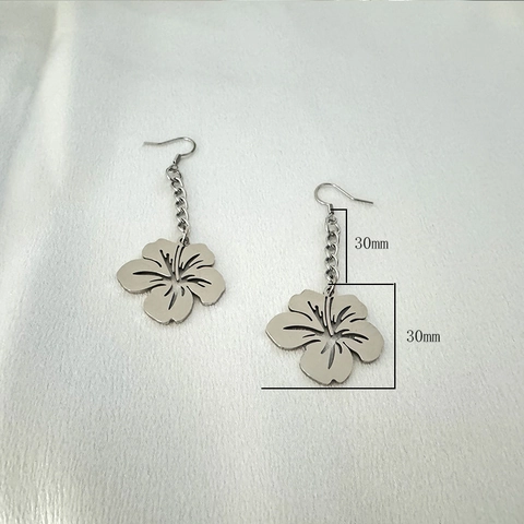 Pendientes De Gota Con Flor De Hibisco Hueca Acero Inoxidable Cadena Larga Joyería Para Mujer Tono Plateado
