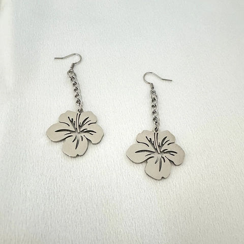 Pendientes De Gota Con Flor De Hibisco Hueca Acero Inoxidable Cadena Larga Joyería Para Mujer Tono Plateado