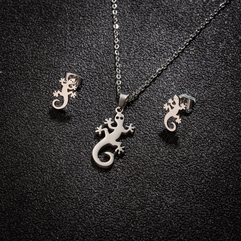 Collar Con Colgante De Gecko Lagarto De Acero Inoxidable Y Pendientes Joyas Para Mujer Estilo Animal De Moda