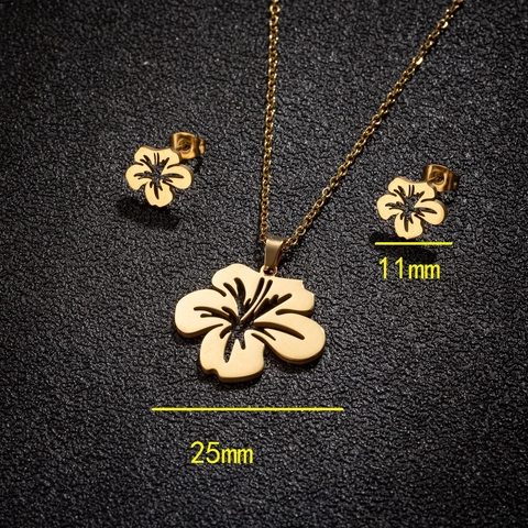 Collar Con Colgante De Flor Hueca Y Pendientes De Acero Inoxidable Joyería Floral De Hibisco Para Mujeres
