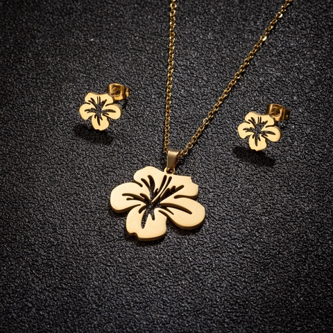 Collar Con Colgante De Flor Hueca Y Pendientes De Acero Inoxidable Joyería Floral De Hibisco Para Mujeres