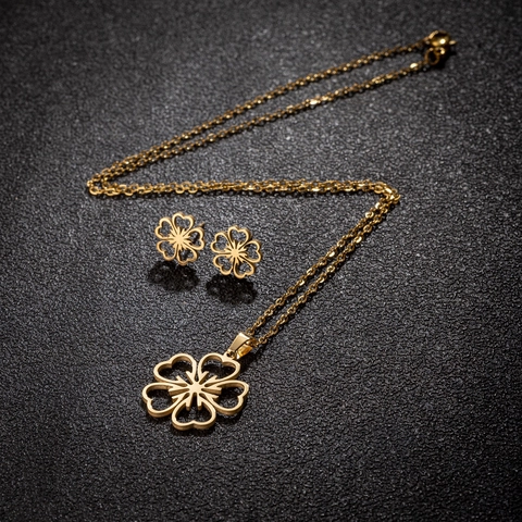 Collar Y Pendientes De Flor De Cerezo Hueca Acero Inoxidable Chapado En Oro De 18K Joyas Florales Elegantes Mujeres