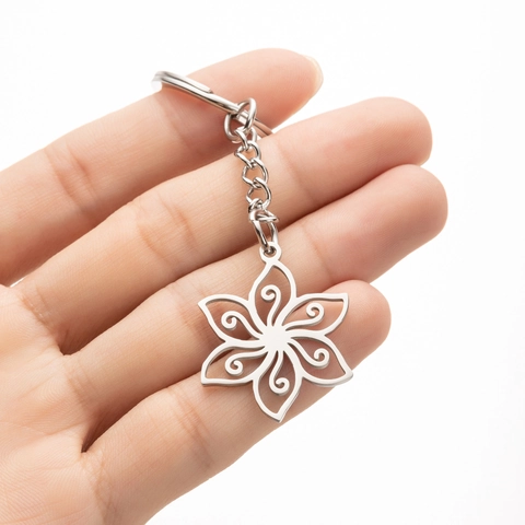 Stainless Steel Mandala Flower Keychain Hollow Spiral Petal Mandala Pendant Key Ring Artistic Jewelry Gift For Men Women