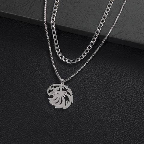 Collier Double Rangée En Acier Inoxydable Vintage Avec Pendentif Aigle Punk Hip Hop Chaîne Cubaine Et Maillons Carrés Hommes Femmes
