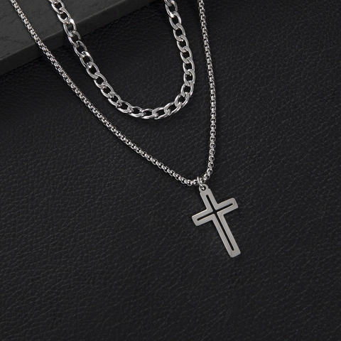 Gothic Double Layer Cross Pendant Necklace Stainless Steel Cuban Snake Box Chain Stackable Punk Street Jewelry For Men Women