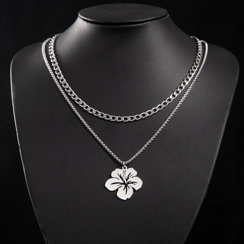 Dubbelgelaagde Roestvrijstalen Ketting Met Holle Hibiscusbloem Hanger Eenvoudige Minimalistische Sieraden Voor Dames Zilver