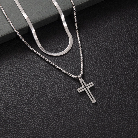 Gothic Double Layer Cross Pendant Necklace Stainless Steel Cuban Snake Box Chain Stackable Punk Street Jewelry For Men Women