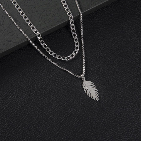 Collar De Doble Capa De Acero Inoxidable Colgante De Pluma Estilo Hip Hop Retro Joyería Para Hombres Y Mujeres Color Plata