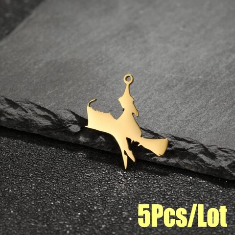 Stainless Steel Witch Riding Broom Pendant Necklace Silhouette Witch Charm For Halloween Jewelry Making DIY Women Gift