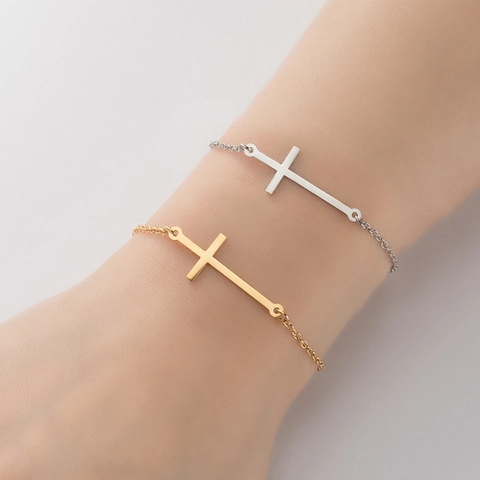Pulsera Con Colgante De Cruz Lateral Acero Inoxidable Minimalista Delicada Joyería Ajustable Para Mujeres Hombres Simple Moderno