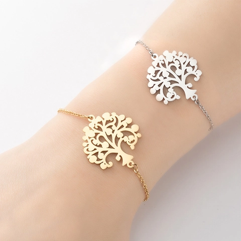 Pulsera Colgante Árbol De La Vida Acero Inoxidable Calado Bañado Oro 18K Cadena Ajustable Joyería Moda Para Mujeres