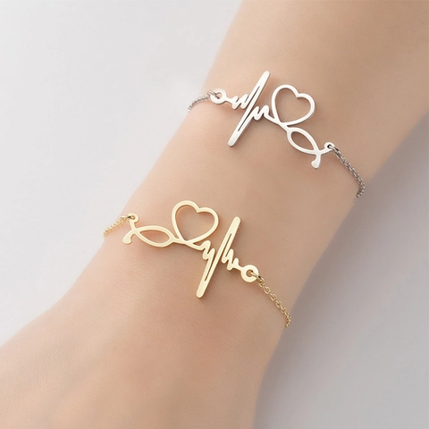 Bracciale Stetoscopio Cuore Battito EKG In Acciaio Inossidabile Placcato Oro 18K Gioielli Per Infermiera Dottore Regalo Laurea Medicina