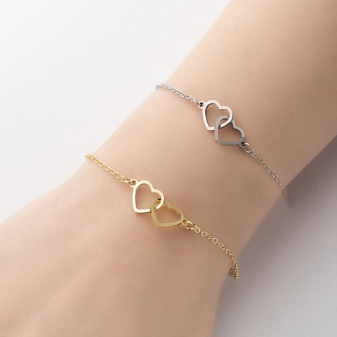 Pulsera Minimalista De Acero Inoxidable Con Doble Corazón Entrelazado Ajustable Joyería Delicada Para Mujeres