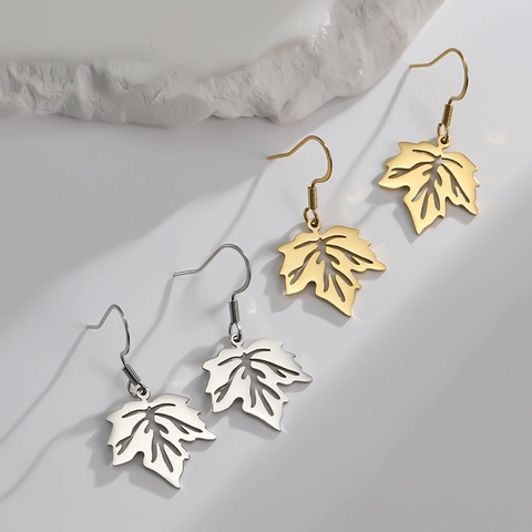 Pendientes De Gancho Con Colgante De Hoja De Arce Hueca De Acero Inoxidable Joyas Retro De Otoño Para Mujer