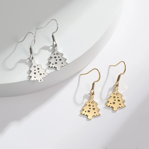 Pendientes Colgantes De Árbol De Navidad Acero Inoxidable Diseño De Estrella Hueca Pendientes Para Mujer Joyería De Fiesta