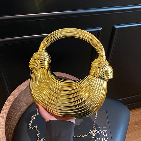 Borsa Da Sera Metallica A Mezzaluna Con Trama A Pieghe Manico A Nodo Pochette Con Tracolla A Catena Donna Festa Matrimonio Moda