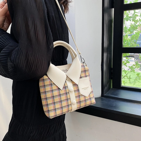 Creatieve Handtas Dames Overhemdvorm Geruit Denim Patchwork Schoudertas Met Decoratieve Kraag Knopen Casual Crossbody Tas