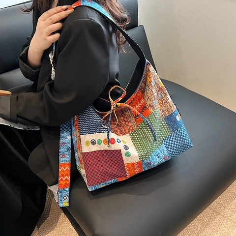 Borsa Tote In Tela Patchwork Bohémien Grande Capacità Idrorepellente Retrò Etnica Borsa A Tracolla Donna