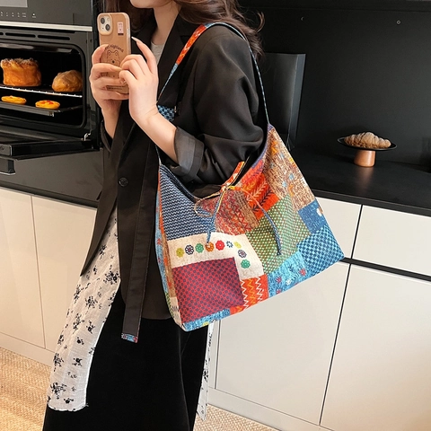 Borsa Tote In Tela Patchwork Bohémien Grande Capacità Idrorepellente Retrò Etnica Borsa A Tracolla Donna