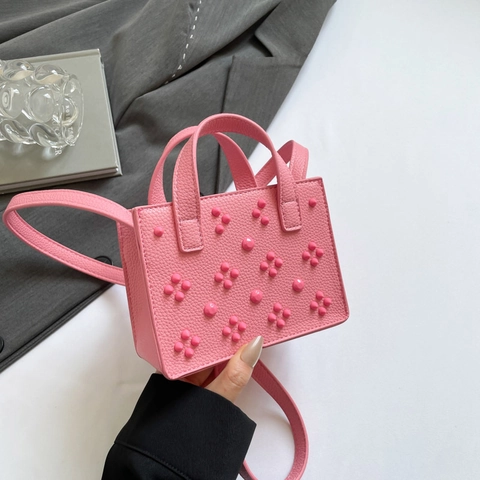 Mini Handtasche Gekörntes PU Leder Nieten Blumenmuster Kleine Quadratische Umhängetasche Tragetasche Mit Doppelgriffen Damen