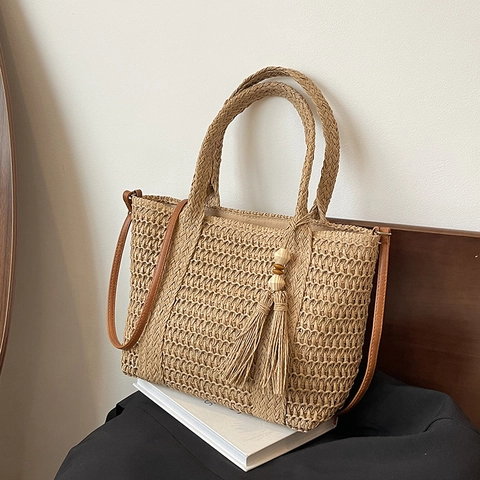Women Straw Woven Tote Bag Large Capacity Beach Vacation Style With Tassels Wood Beads And Leather Strap