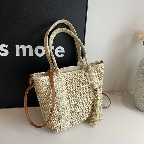 Women Straw Woven Tote Bag Large Capacity Beach Vacation Style With Tassels Wood Beads And Leather Strap