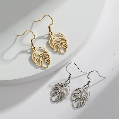Pendientes Colgantes De Hoja De Monstera Acero Inoxidable Calado Planta Tropical Para Mujeres Estilo Bohemio