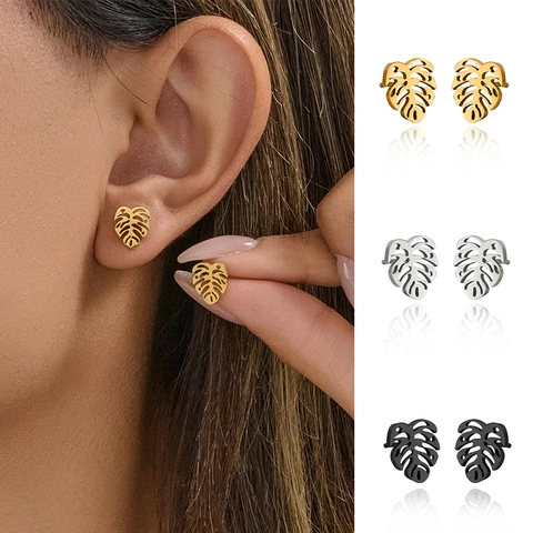 Orecchini A Lobo Foglia Monstera In Acciaio Inossidabile Design Cavo Minimalista Gioielli Tropicali Da Donna
