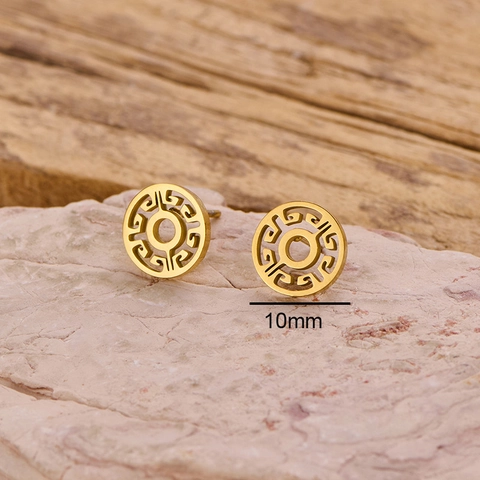 Pendientes De Botón De Acero Inoxidable Huecos Redondos Geométricos Patrón Griego Retro Joyería De Moda Para Mujeres