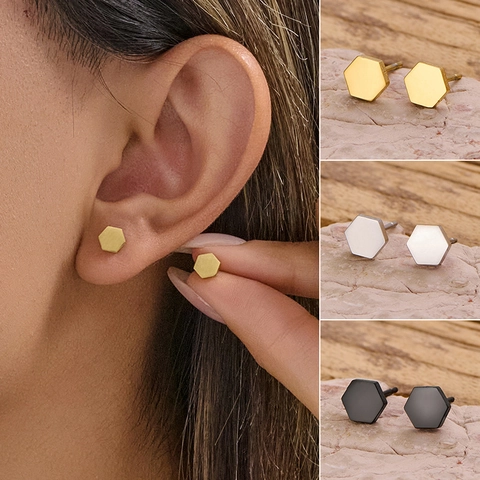 Orecchini Lobo Esagonali Acciaio Inossidabile Geometrici Minimalisti Piccoli Gioielli Orecchio Unici Per Uomo Donna Eleganti