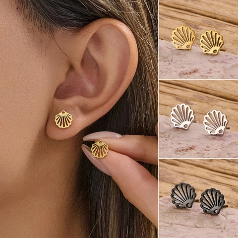 Scallop Shell Stud Earrings Stainless Steel Hollow Geometric Design Minimalist Summer Beach Jewelry For Women