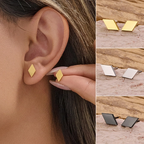 Pendientes De Botón De Rombo Acero Inoxidable Minimalista Geométrico Moda Joyería Mujer