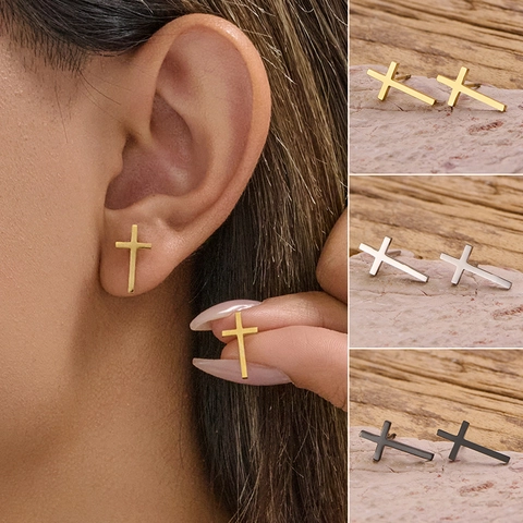 Stainless Steel Cross Stud Earrings Minimalist Geometric Chic Punk Hip Hop Ear Jewelry For Women Men