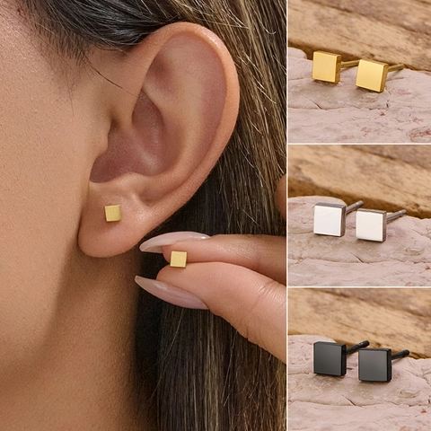 Pendientes De Botón De Cubo Cuadrado Geométrico Acero Inoxidable Pequeño Versátil Joyería Para Mujeres Niñas Simple Diario