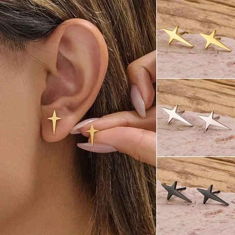 Minimalist Four Pointed Star Stud Earrings Stainless Steel Geometric Small Tiny Sparkle Jewelry For Women Girls Trendy
