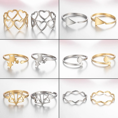 Stainless Steel Rings For Women Minimalist Geometric Heart Star Arrow Fox Adjustable Open Finger Ring Fashion Jewelry