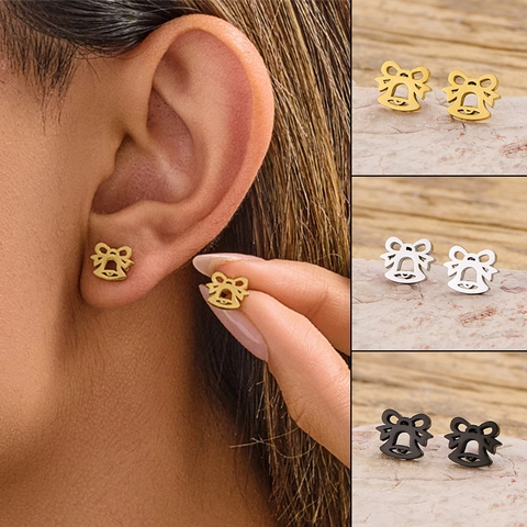 Pendientes De Botón Con Lazo Y Campana De Acero Inoxidable Joyería Festiva Regalo De Navidad Para Mujeres