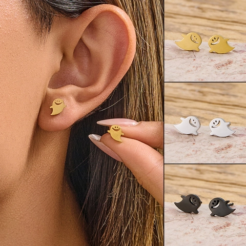 Cartoon Ghost Stud Earrings Minimalist Stainless Steel Funny Halloween Jewelry For Women Daily Fashion Accessories