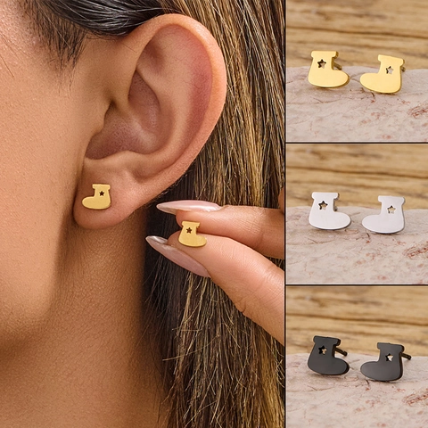 Christmas Stocking Ear Studs Stainless Steel Hollow Star Boot Earrings Black Gold Silver Jewelry For Women