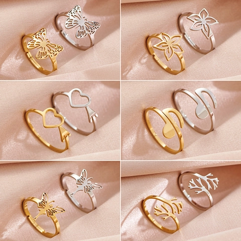 Stainless Steel Adjustable Open Rings For Women Minimalist Polished Hollow Butterfly Flower Heart Star Branch Jewelry